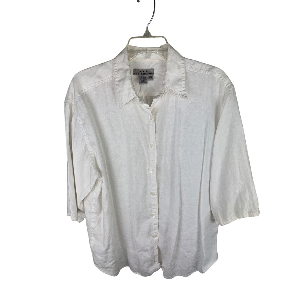 AKA Eddie Bauer Womens XL White 100% Linen Button Down Shirt Short Sleeve Top